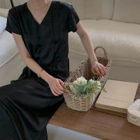 Spot parcel post[ Spot Goods ]2023 Summer South Korea Dongdaemun New Fashion Casual Gentle Elegant V Collar Short Sleeve Dress