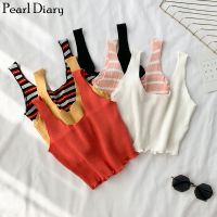 ❈✣ Diary Knitting Rib Cropped Top Lettuce Sleeveless Striped Short