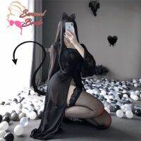 Sexy LINGERIE SEXY PERSPECTIVE TEMPTATIONLONG SKIRT STRAPLESS LACE HALTER NECK SLIM PAJAMAS พร้อมชุดสต็อก สีดํา xc