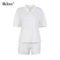 Bclout Casual Women Suit 2021 Summer Elastic Waist Shorts Turn Down Collar Shirt Two Piece Set Knit Top Streetwear Sport Wear