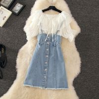 ❈ Fashion Chiffon Blouses Denim Suspender Skirt Summer 2 Pieces Sets Women Casual Sweet Short Sleeve Tops And A Line Mini Skirts