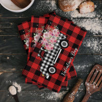 ValentineS Day Red Plaid Truck Flowers Printed Tea Hand Towel Kitchen Dishcloth Water Absorption Household Cleaning Cloth