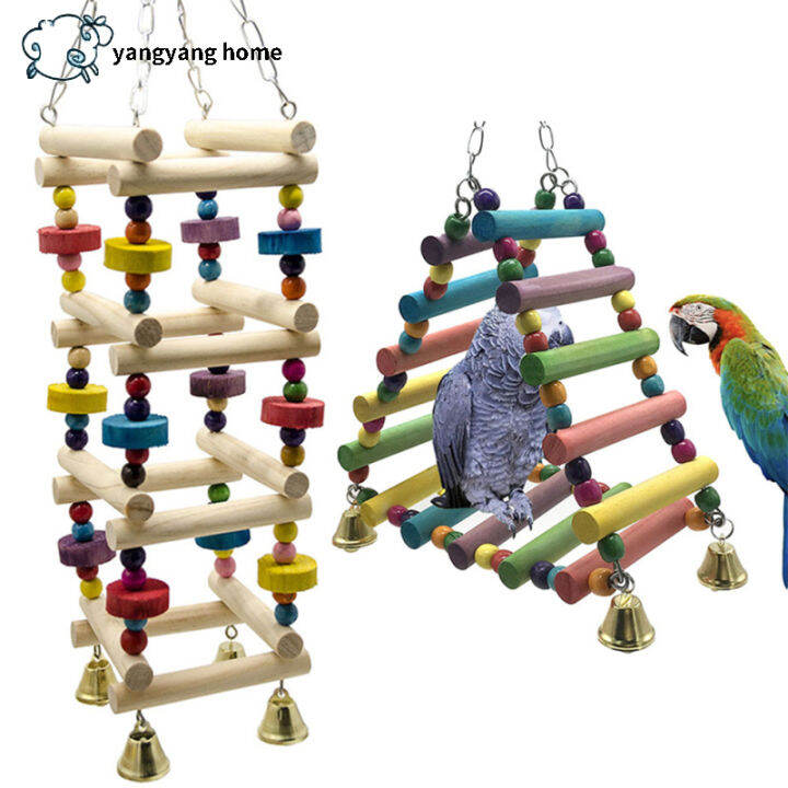 Parrot Hanging Wooden Rainbow Climbing Ladder Toy With Bells Bird Cage
