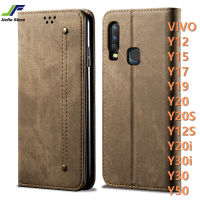 JieFie Luxury ผ้าเดนิมเคสสำหรับ VIVO Y12 / Y15 / Y20 / Y20S / Y12S / Y20i / Y17 / Y19 / Y30 / Y30i / Y50 พลิกพื้นผิวผ้าใบครอบ TPU นุ่มกระเป๋าสตางค์โทรศัพท์กรณี