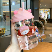 Glass high-value water cup female summer cute with lid large-capacity household coffee cup ins wind straw teacup