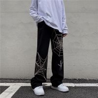 Y2k Emo Men Casual Harajuku Black Streetwear Spider Web Hip Hop Pants Gothic Fairy Grunge Straight Wide Leg Trousers Alt Clothes