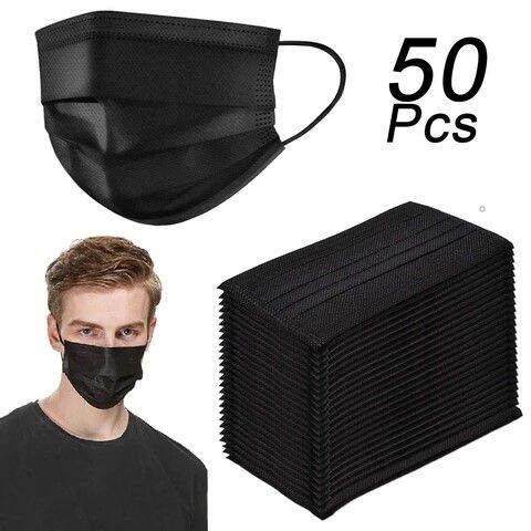 12 NOON 50PCS 3 Ply Black Face Mask Disposable Protective Face Shields ...