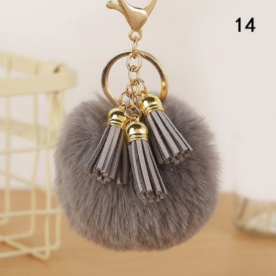 U2y7 1PC Decor ผ้านิ่มสบายขนสัตว์ Faux Fur กุญแจลูกบอลโซ่นุ่ม PomPom พวงกุญแจจี้