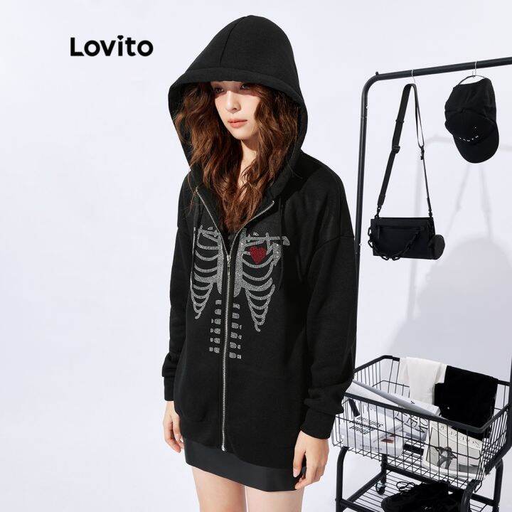 lovito-เสื้อสเวตเตอร์ลำลอง-สีพื้น-ลายโครงกระดูก-ประดับพลอยเทียม-สไตล์อเมริกัน-เรโทร-สำหรับทุกเพศ-l32fw037-สีดำ