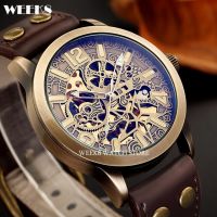 ⌚วินเทจผู้ชายอัตโนมัติวิศวกรรมนาฬิกาบรอนซ์กรณีทองโครงกระดูกแบบ Dial Steampunk หนังไขลานตนเองชายบุรุษนาฬิกาข้อมือนาฬิกา