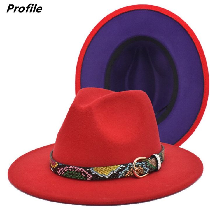 red-and-purple-fedora-two-color-jazz-hat-snakeskin-pattern-accessories-stage-unisex-autumn-and-winter-hat
