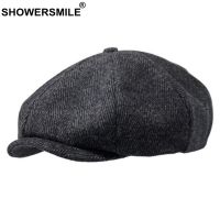 【KFAS Clothing Store】 SHOWERSMILE ยี่ห้อขนสัตว์ Newsboy หมวกผู้ชายสีเทา Herringbone แบนหมวกผู้หญิงกาแฟอังกฤษ Gatsby หมวกฤดูใบไม้ร่วงฤดูหนาวหมวกขนสัตว์