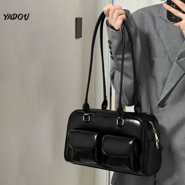 yadou-กระเป๋าสตรีเกาหลี-glossy-black-สิทธิบัตรหนังไหล่กระเป๋า-retro-preppy-สไตล์ความจุสูงวิทยาลัยนักเรียนพร็อพกระเป๋า
