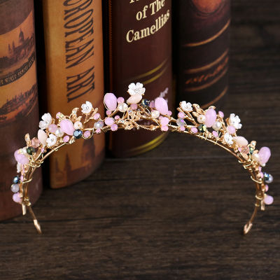 Vintage ลูกปัดสีชมพูมงกุฎเจ้าสาว Tiara สายรัดศีรษะเจ้าสาวคริสตัล Rhinestone ดอกไม้มงกุฎ Headpiece อุปกรณ์เสริมผม JL