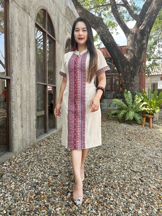 เดรสคอจีนผ้าไทย-มีไซร้-40-52-ชุดใส่ทำงาน-ชุดใส่ออกงานบวชงานแต่งสวยมากค่ะ
