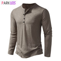 Mens Vintage Henley Tshirt 2023 Autumn New Long Sleeve Half Button Washed Tshirt Men Casual Khaki Basic Tee Shirt Homme Camiseta