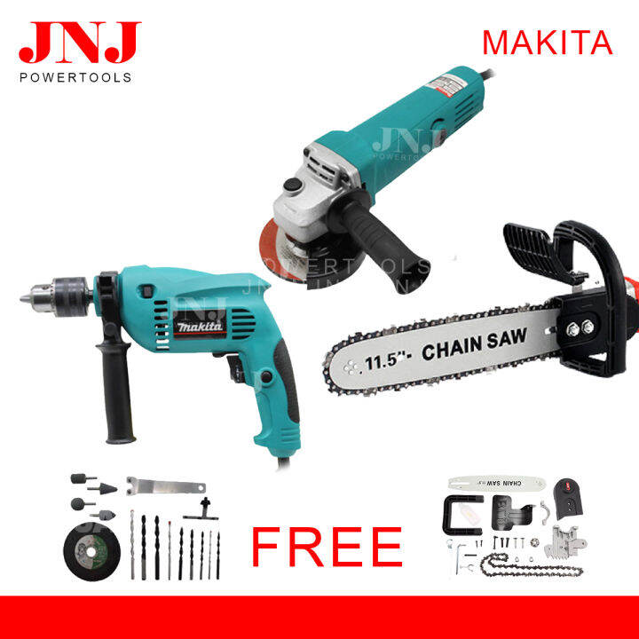 Angle Grinder and Hammer Drill Set with 11.5 Electric Chainsaw Stand