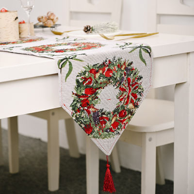 180x35cm Christma Table Runner Fabric Elk Christmas Tree Pattern Dining Table Runner Ornament Festive Decorative New Years Gift