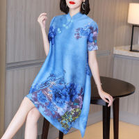 National style retro design large size A word skirt 2022 summer new cheongsam type short sleeve version of pleated dress tops