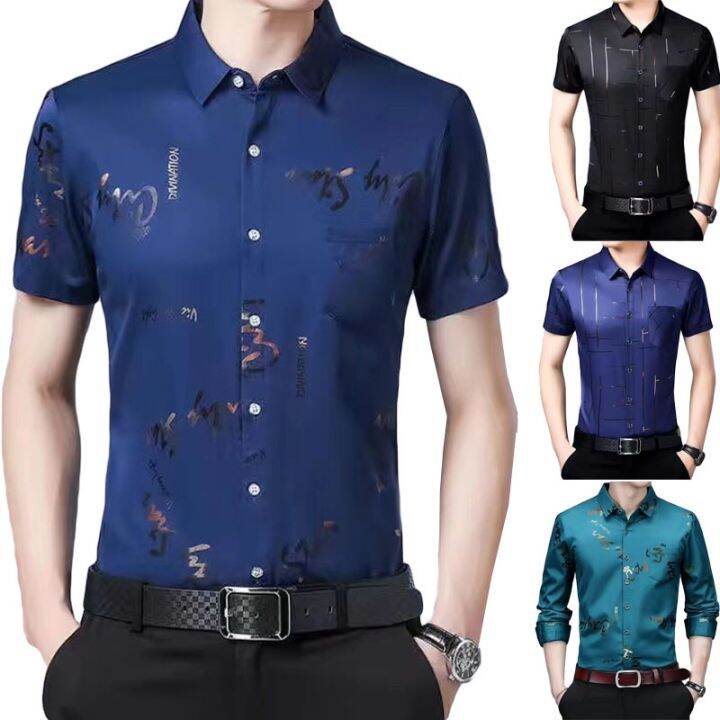 Men's Ice Silk Shirt Short Sleeve Casual Korean Style Printing Tshirt