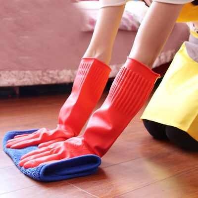 Extended Red Rubber Gloves With Grid Kitchen Goods For Washing Dishes Chores Waterproof Household Cleaning Natural Latex Gloves Safety Gloves