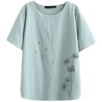 COD tjjs079 KEEY Blouse Womens Round Neck Short Sleeve Shirt Summer Cotton Linen Embroidery Elegant Casual Tops S82