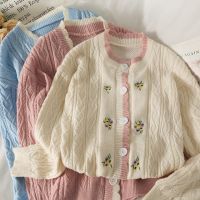 ❀✤ Korean Style Womens Fashion Ins Flower Embroidery Knitwear Knitted Slim V-neck Cardigan Sweater Long Sleeved