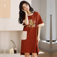 สตรี Nightgown ฤดูใบไม้ผลิฤดูใบไม้ร่วงชุดนอนแขนสั้นชุดนอนสบายกระเป๋าชุดนอน Homewear Kawaii เสื้อคลุมผ้าฝ้าย Sleeprobe