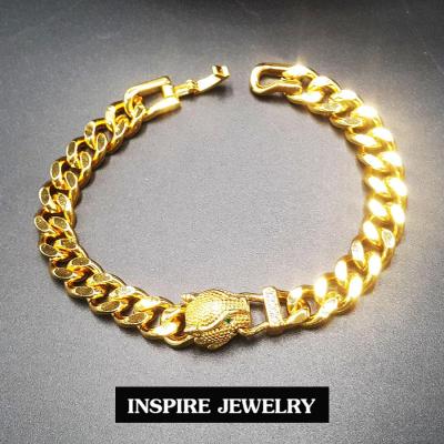inspire jewelry สร้อยข้อมือทอง18K ลายเลตหัวเสือ ตาเสือสีเขียว ยาว 18cm. งานสวย งานจิวเวลลี่ฝังเพขรข้างสามเม็ด