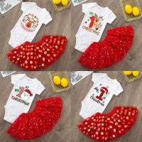 My 1st Christmas Baby Bodysuit Dresses Set Infant Girls Short Sleeve Jumpsuit Tutu Skirts Clothes Toddler Girl Xmas Party Outfit Dresses