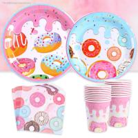 ☽♗✓ Donut Birthday Party Decoration Disposable Tableware Set Plate Cup Napkins Candy Bags Gift Boxes 1st Birthday Decor Party Favors