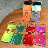 กระดาษเลเซอร์3สีรุ้ง,สำหรับ Samsung Galaxy Z Flip 4 5G ตะขอแหวนใส่นิ้วเคสโทรศัพท์แบบแข็ง3ปกป้องตัวเครื่อง