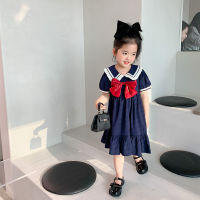 2022 Summer Girls fashion bownot short sleeve dress baby girl cotton preppy style long dress 1-6Y