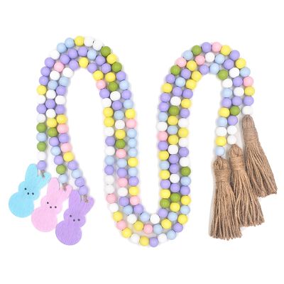 3 Pieces Easter Wood Bead Garland with Tassels and Bunny Tag Bunny Farmhouse Beaded Garland Prayer Boho Bead Decoration