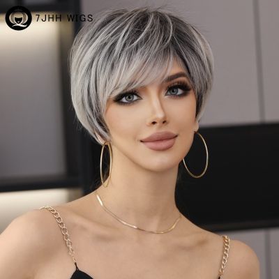 【LZ】✚◄☋  7JHH WIGS Ombre Black Blonde Bob Wig for Women Daily Party Synthetic Straight Short Hair Wig with Fluffy Bangs Pixie Cut Wigs