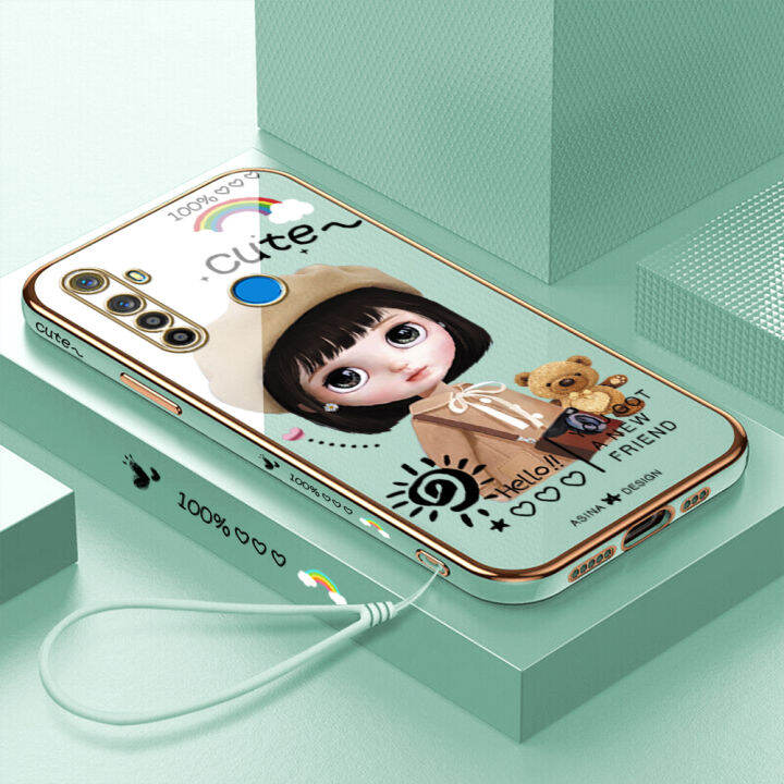 คลังสินค้าพร้อม-เคสเคสมือถือสำหรับ-realme-5-realme-5i-realme-6i-พร้อมฟรีสายคล้อง-การ์ตูนสาวน่ารักเคสขอบสี่เหลี่ยมชุบฝาหลังนิ่ม