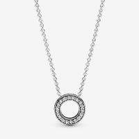 PANDORA 925 Sterling Silver Logo Pavé Circle Necklace for Women Birthday Anniversary Fashion Jewelry Gift