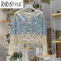 RYRYSTYLE เสื้อสวมหัวเลื่อมปักลูกปัดเสื้อลายลูกไม้แขนยาวสไตล์ใหม่ที่ทันสมัยเสื้อคอกลมมุมมองที่เซ็กซี่