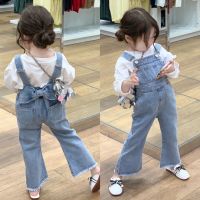 CUTE BABY?พร้อมส่ง?เอี๊ยมยีนส์ผ้านุ่มติดโบว์ด้านหลัง กางเกงสำหรับเด็กผู้หญิง (674)