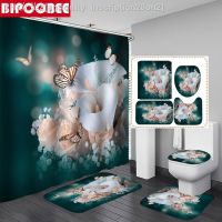 【CW】✆卍❐  and Gypsophila Print Shower Curtain Set Anti-slip Rugs Toilet Lid Cover Durable Decoration