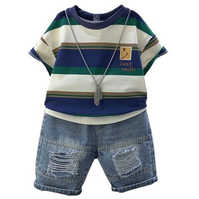 【Ready】🌈 Boys summer suits 2023 new foreign style small childrens summer handsome clothes trendy baby handsome and fashionable childrens clothes