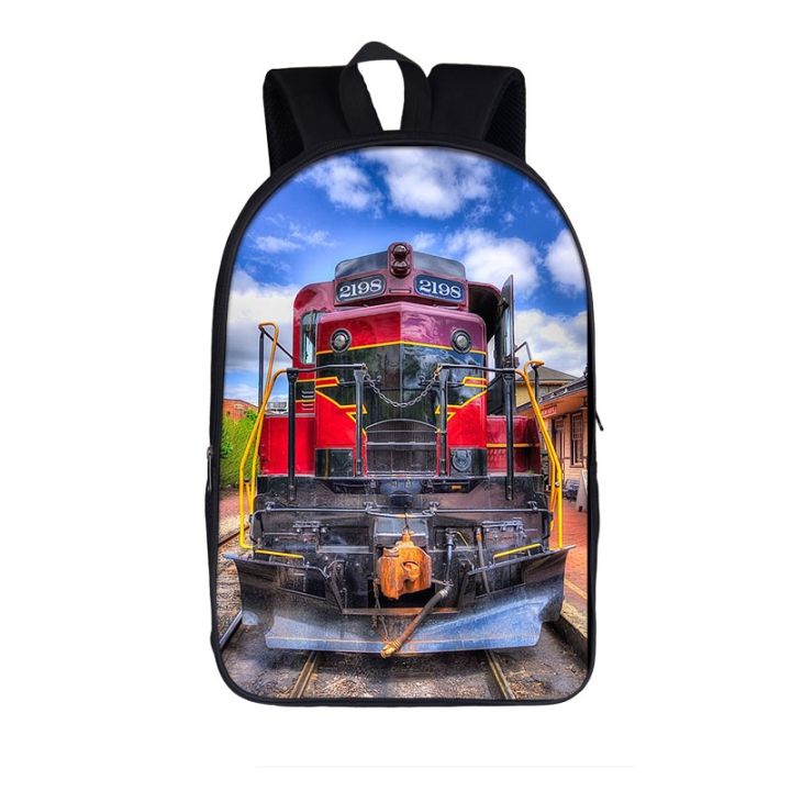 กระเป๋าเด็กพิมพ์ลายรถจักรไอน้ำ-รถไฟสำหรับกระเป๋าเป้แล็ปท็อปนักเรียน-daypack-วัยรุ่น