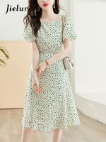 【YF】 Jielur Green Dot Chiffon Womens Dress Summer New French Vintage Elegant Lady A-line Fashion Puff Sleeve Square Neck