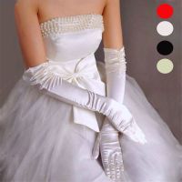 ♣ 1 Pair Bride Bridal Wedding Gloves Red Black White Ivory Long Beaded Satin Elegant for Women Finger Gants Mariage Luvas De Noiva