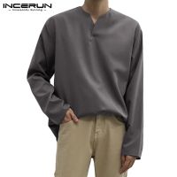 INCERUN เสื้อเชิ้ตแขนยาว คอวี ผ้าลินิน แฟชั่นสำหรับผู้ชาย