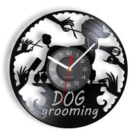 Hot sell Dog Grooming Salon Sign Vinyl Record Wall Clock Poodle Puppy Pet Shop Decor Dog Baths Haircuts Nail Trimming Retro Wall Watch