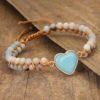 หิน Amazonite สตริงสร้อยข้อมือสเน่ห์ผู้หญิงรูปร่างหัวใจทำมือกำไลข้อมือประดับด้วยเกลียวเครื่องประดับคู่ผู้ชายดร็อปชิป