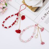 Fashion Acrylic Zircon Beaded Mobile Phone Chain Women Girls Jewelry Rose Flower Charm Cellphone Telephone Lanyard Gifts