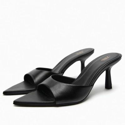 ZA Summer New Womens Shoes Black Temperament French za.ra Sheepskin High Heel Sandals