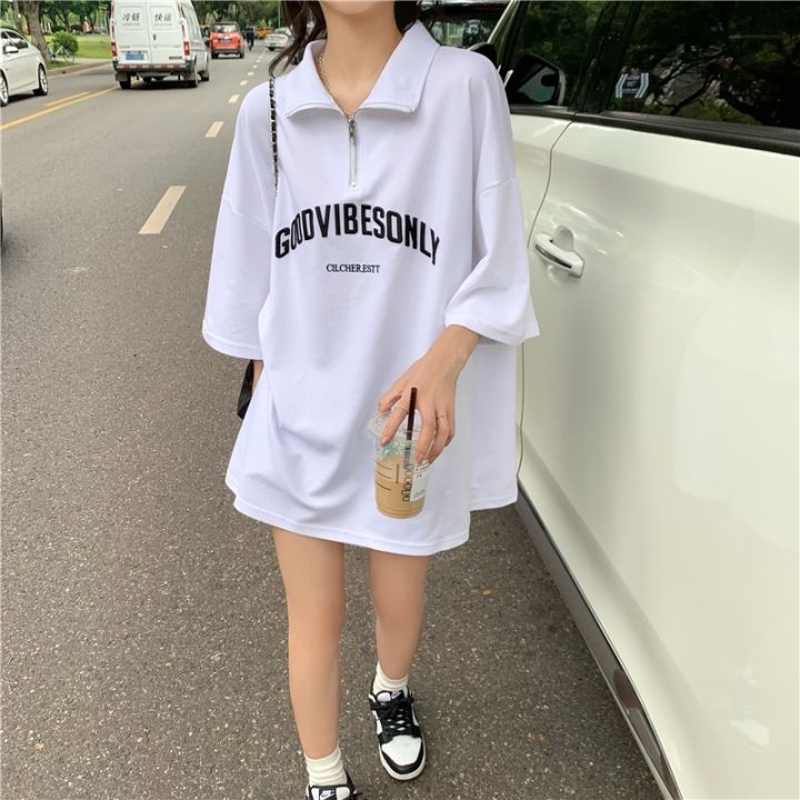 dahong-เสื้อยืดแฟชั่นไซส์ใหญ่-oversize-เสื้อสาวอวบ-แต่งซิปครึ่ง-2434